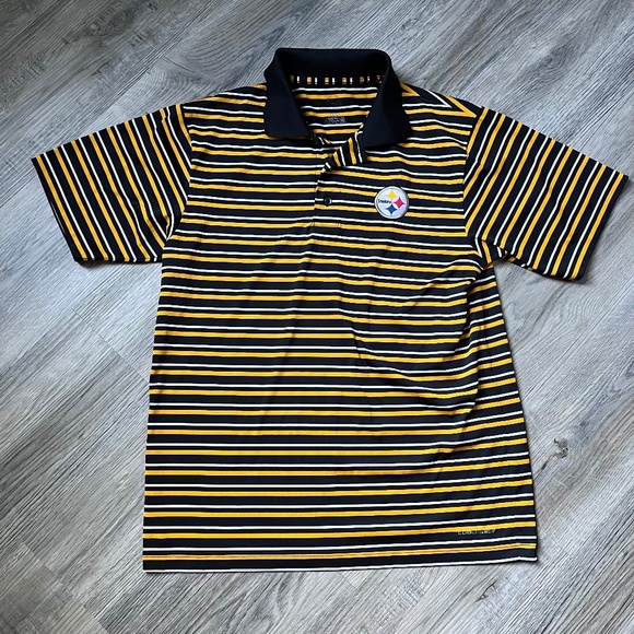 Majestic Mens Medium Black & Yellow Striped Polo Shirt NFL Pittsburgh Steelers - Picture 1 of 7